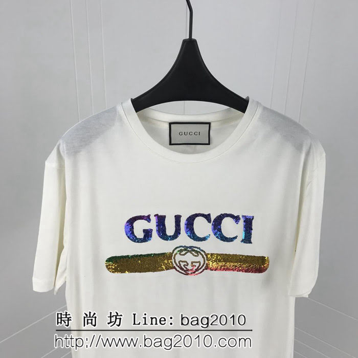 GUCCI古馳 19ss早春新款 燙金亮片LOGO短袖 定制原版珠片 水洗米白色 高版本情侶款 ydi2531